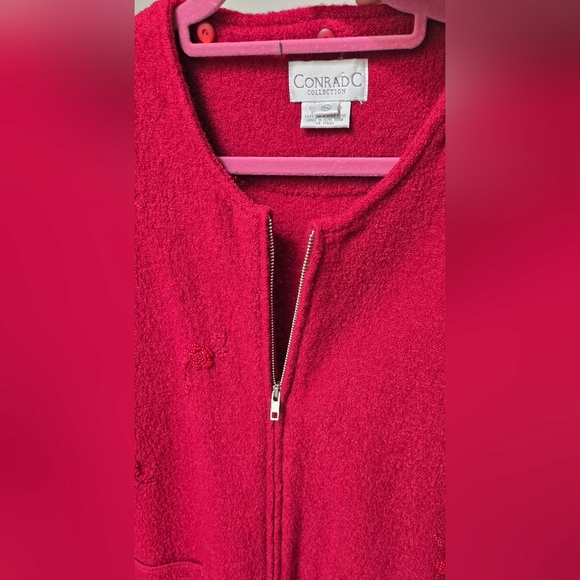 Vintage Conrad C 100% Wool Deep Red Full Zip Pocket Open Hand Beaded Cardigan - Picture 12 of 14